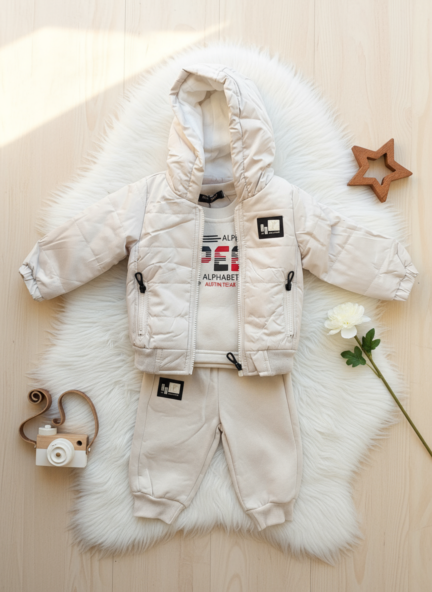 Flat lay beige Alphabet outfit with props