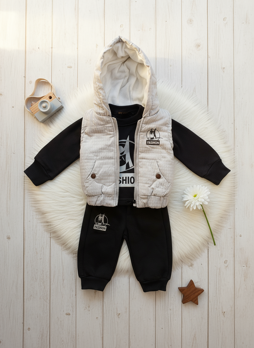 Flat lay beige and black fashion outfit with props