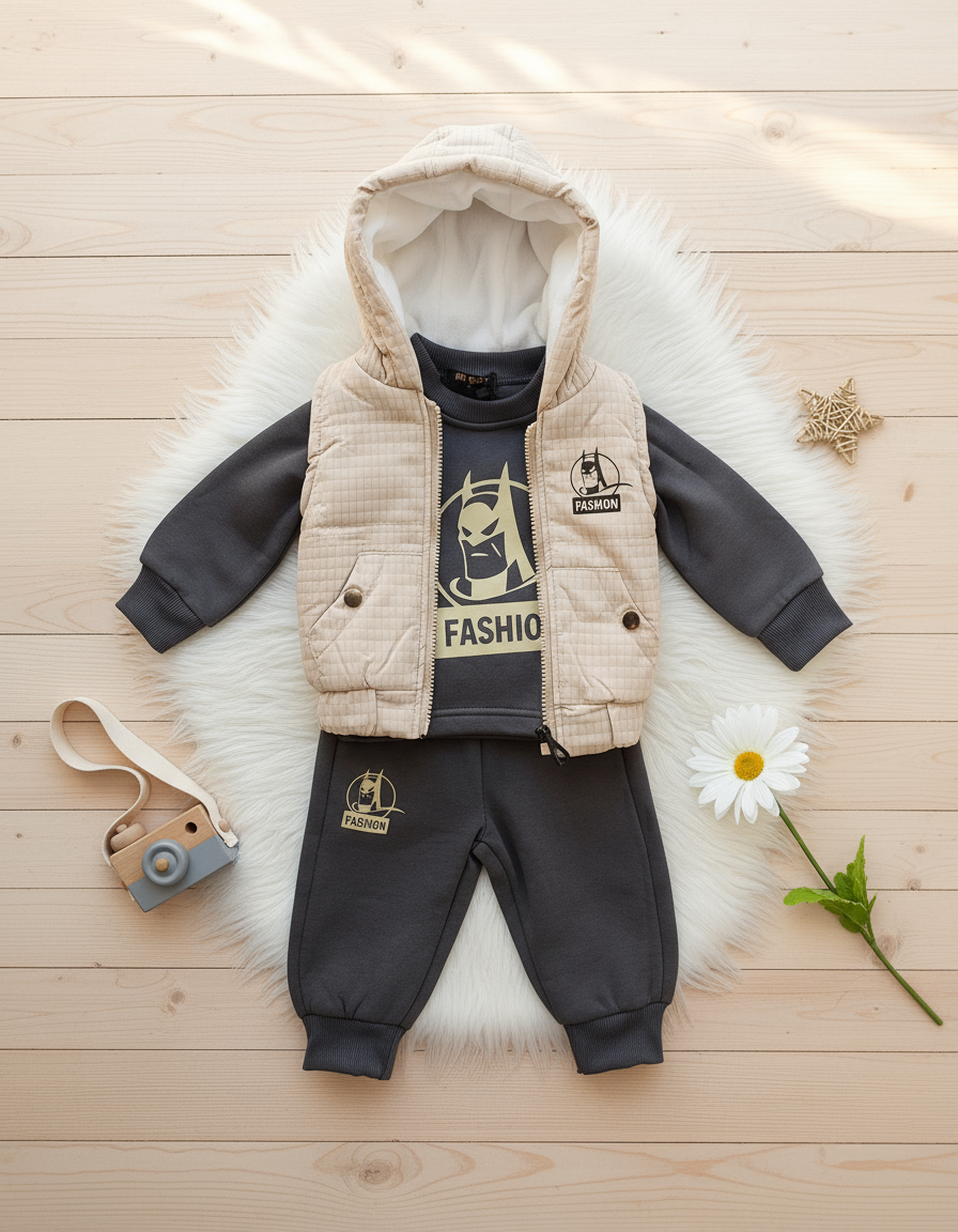 Flat lay beige and gray fashion outfit with props