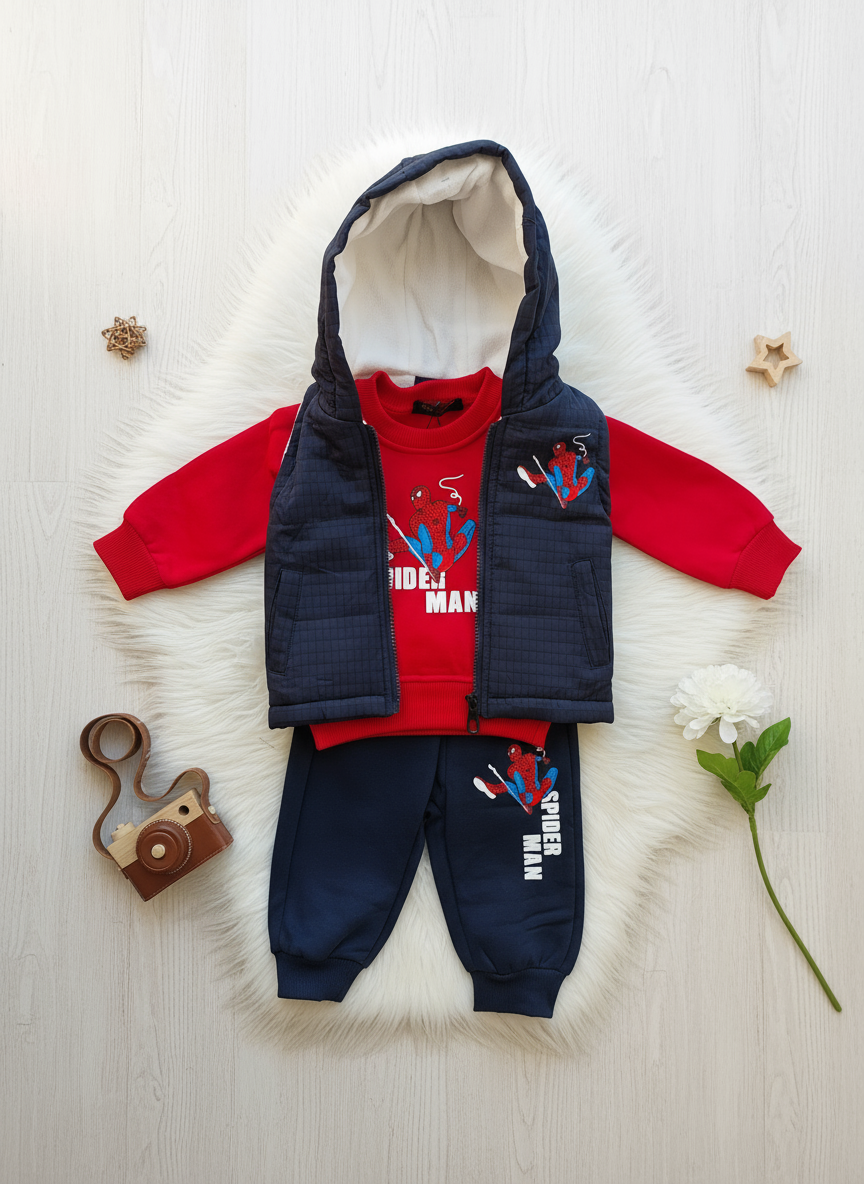 Flat lay Spider-Man outfit with props