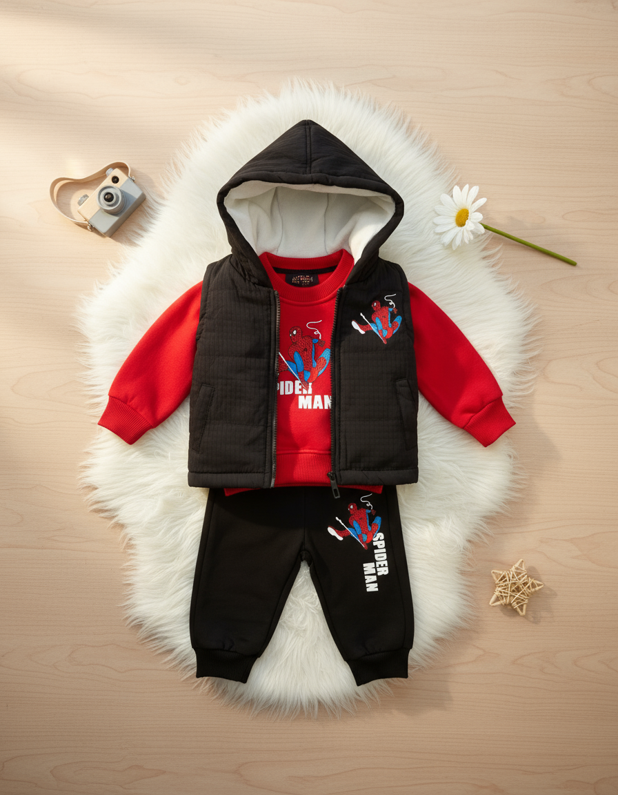 Flat lay Spider-Man outfit with props