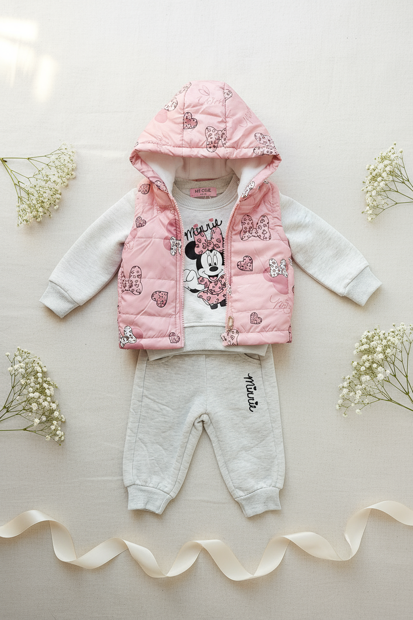 Professional Pink Minnie Mouse Baby Clothing Set on Cream Background
