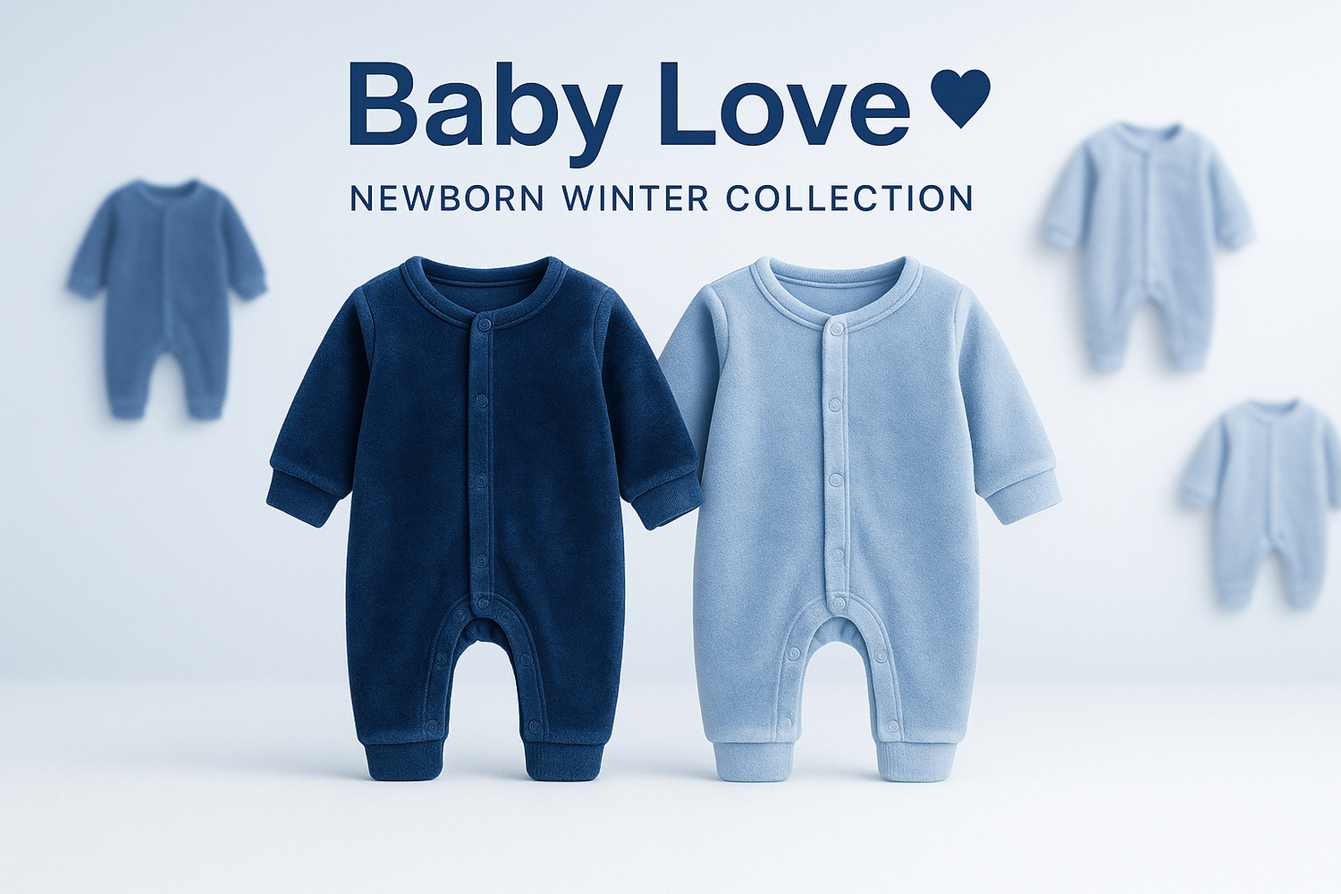 Baby Love newborn winter collection banner in blue and white brand colors