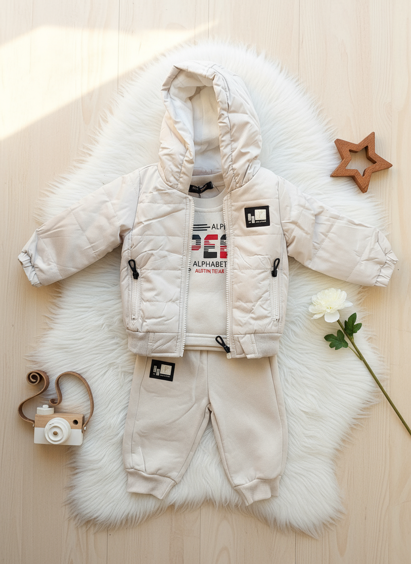 Flat lay beige Alphabet outfit with props