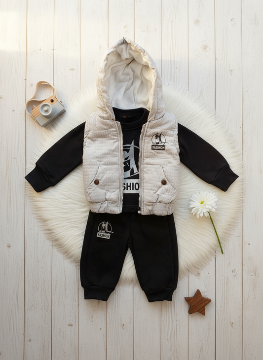 Flat lay beige and black fashion outfit with props