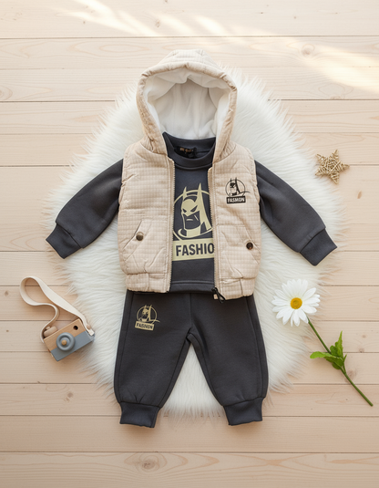 Flat lay beige and gray fashion outfit with props