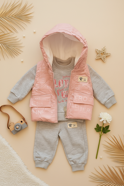 Flat lay pink and gray Love outfit with props
