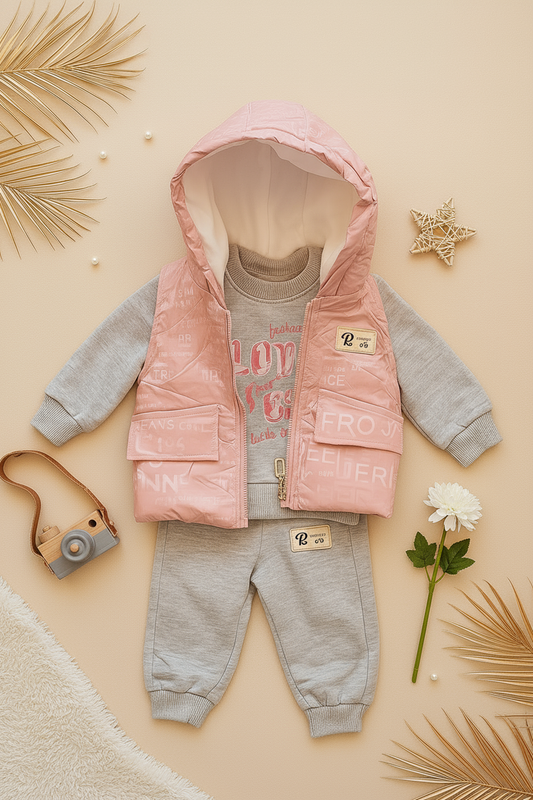 Flat lay pink and gray Love outfit with props