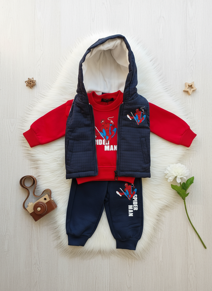 Flat lay Spider-Man outfit with props