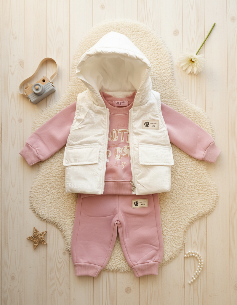 Flat lay white and pink Love outfit with props